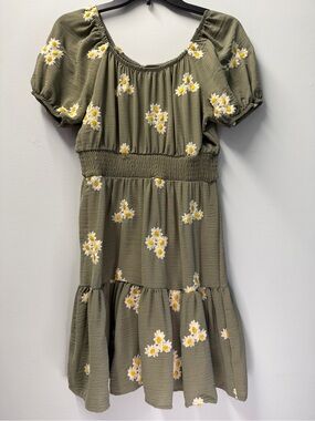Kids Olive Green Daisy Smocked Waist Puff Sleeve Dress Size 14 (girl)